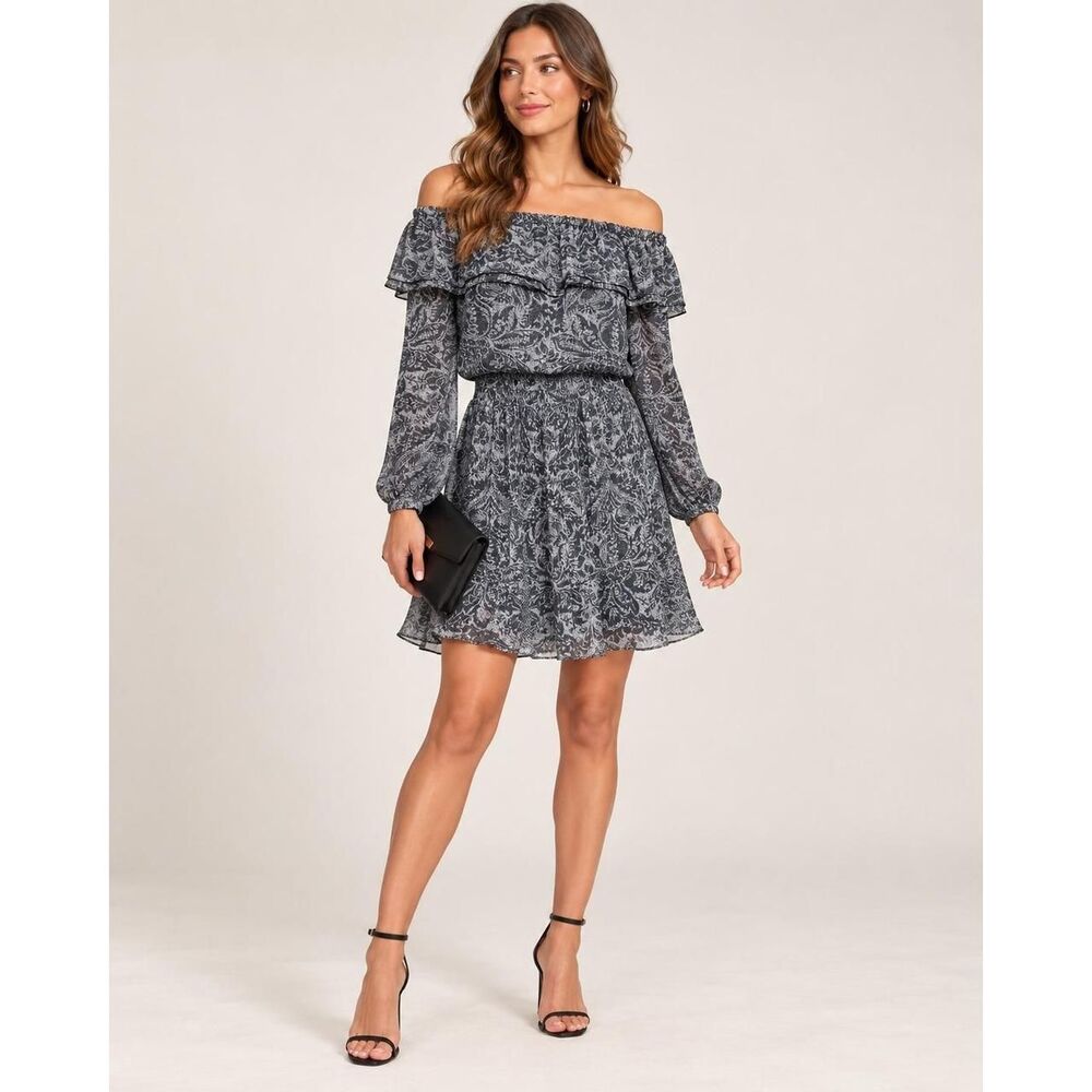 MICHAEL Michael Kors Metallic Paisley Off Shoulder Pleated Ruffle Dress Small